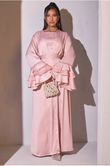 2-piece abaya pink kimono set with sleeve yoke - Main Image