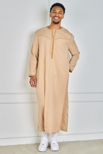 Blauer Satin-Qamis mit Pompoms