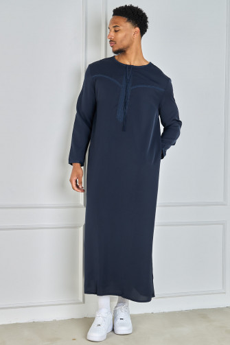 Blauer Satin-Qamis mit Pompoms