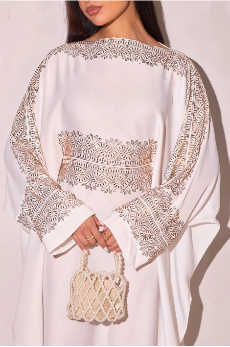 Abaya blanche à empiècement doré + voile