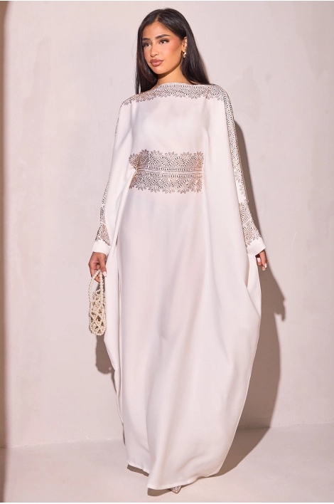 Abaya blanche à empiècement doré + voile