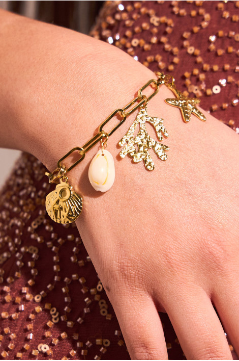 Parure collier bracelet dorés maille cheval à coquillages dorés