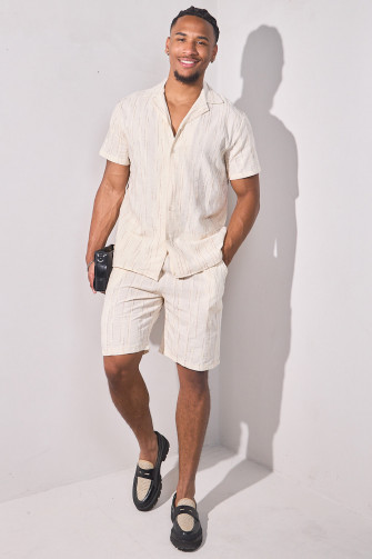 Ensemble 2 pièces beige brodé rayures marrons chemise + short