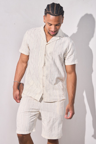 Ensemble 2 pièces beige brodé rayures vertes chemise + short