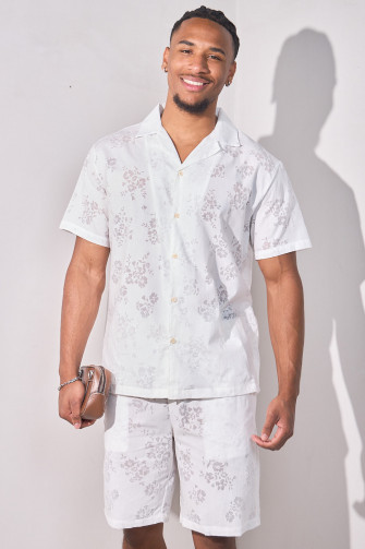 Ensemble 2 pièces à détails fleurs transparentes chemise + short blanc