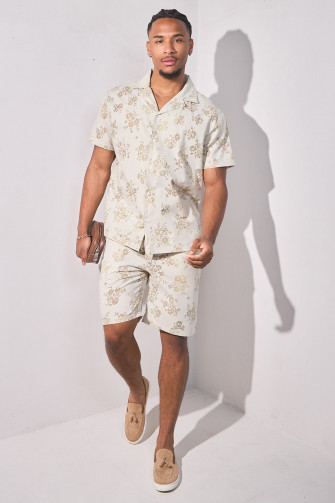 Ensemble 2 pièces à détails fleurs transparentes chemise + short vert