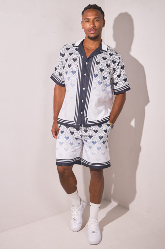 Ensembles 2 pièces imprimé cœurs chemise + short noir et blanc