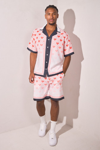 Ensembles 2 pièces imprimé cœurs chemise + short rouge et blanc