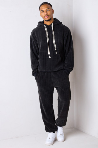 Ensemble 2 pièces : sweat à capuche + jogging noir à motif chevronsn velours