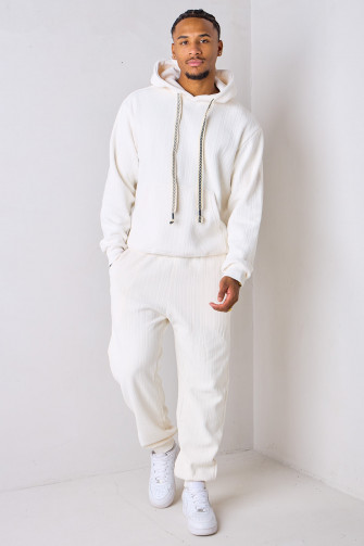 Ensemble 2 pièces : sweat à capuche + jogging beige à motif chevronsn velours