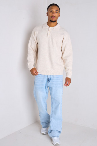 Pull en laine beige à col chemise