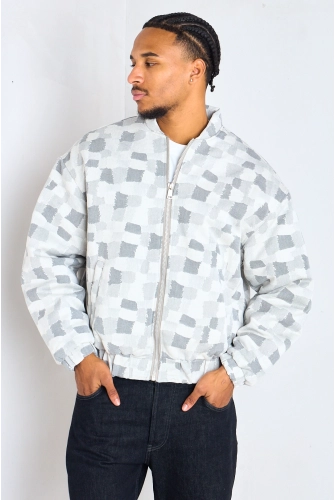 Veste grise style bomber à motifs géométriques carrés
