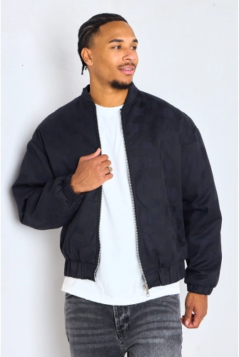 Veste noire style bomber à motifs géométriques carrés