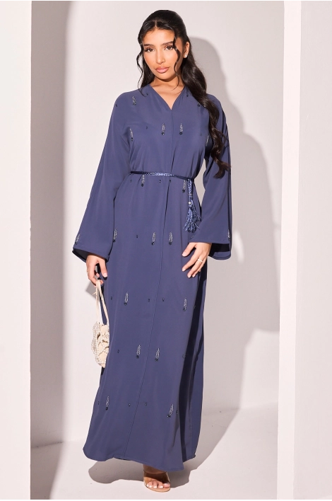 Abaya bleu foncé à strass eu feuille et fleurs