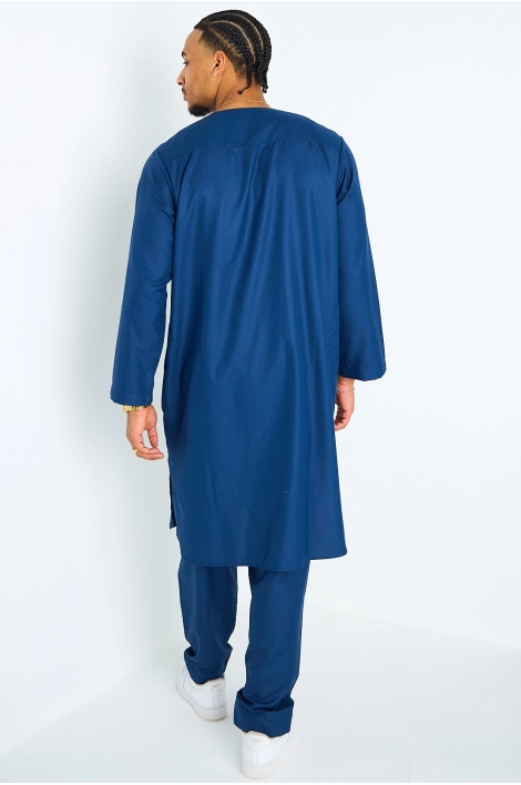 Ensemble 2 pièces : qamis + pantalon bleu foncé à motif géométrique