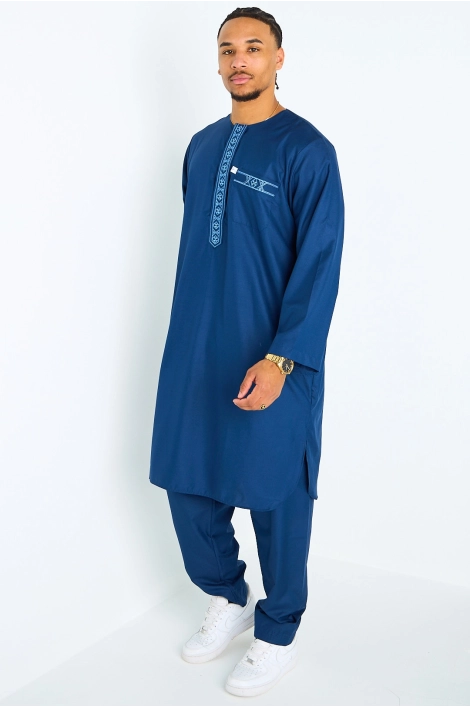 Ensemble 2 pièces : qamis + pantalon bleu foncé à motif géométrique