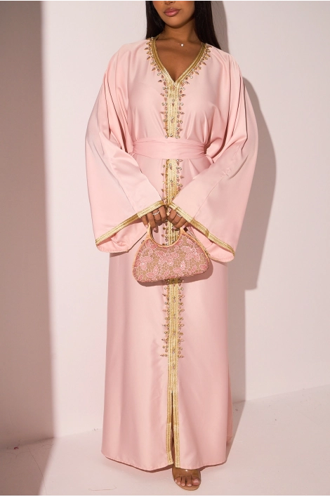 Abaya rose clair satinée à empiècement doré + strass