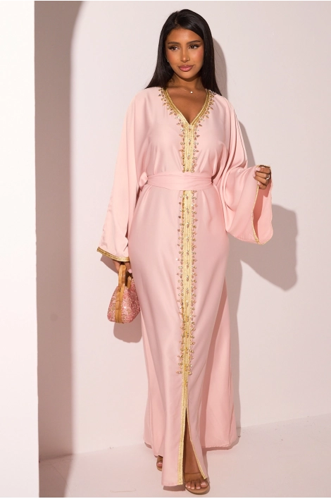 Abaya rose clair satinée à empiècement doré + strass