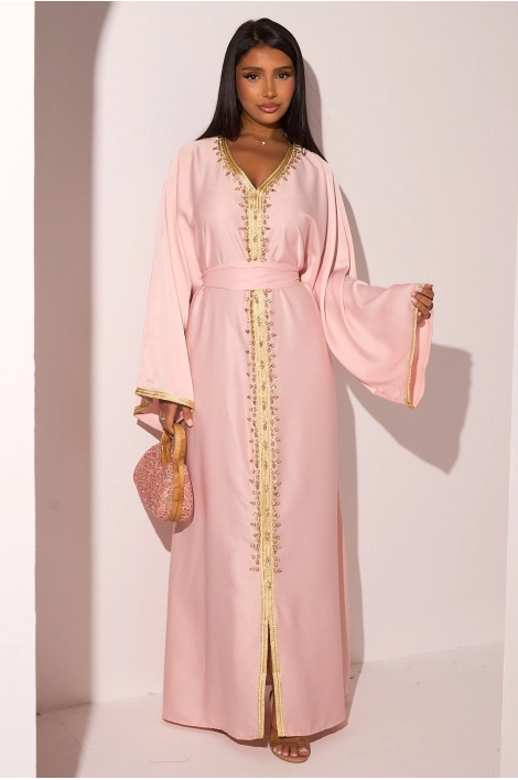 Abaya rose clair satinée à empiècement doré + strass