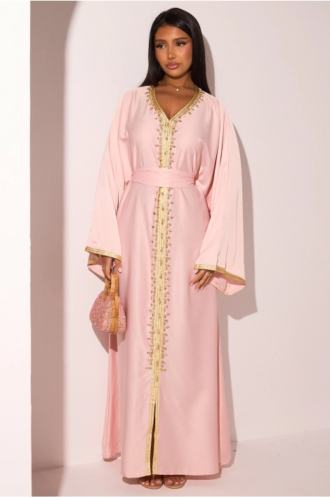 Abaya rose clair satinée à empiècement doré + strass