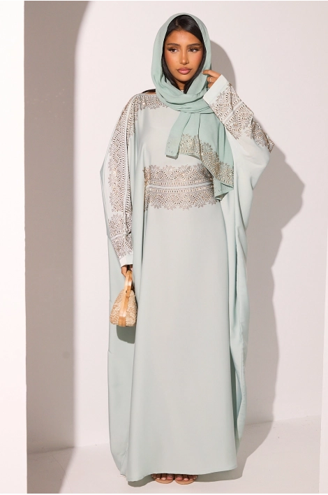 Abaya vert d'eau à empiècement doré + voile