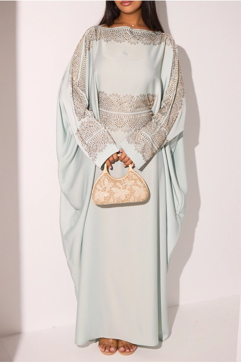 Abaya vert d'eau à empiècement doré + voile