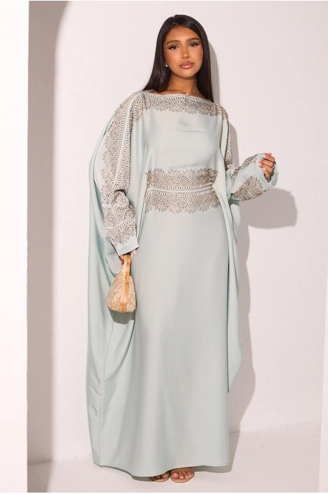 Abaya vert d'eau à empiècement doré + voile