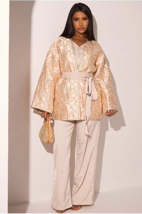 Ensemble 3 pièces beige à motifs arabesque débardeur + veste + pantalon