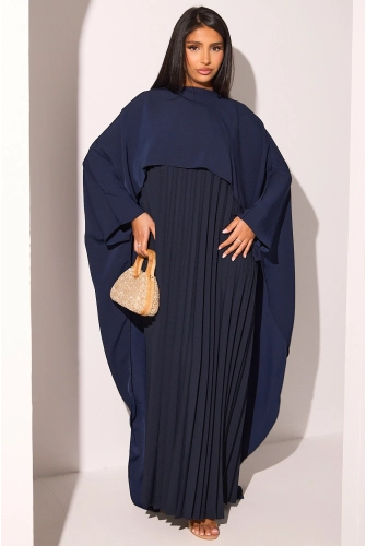 Robe plissée bleu marine à empiècement asymétrique