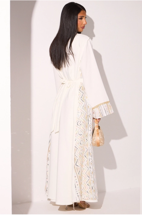 Ensemble blanc abaya  à manches longues  + kimono sans manches effet dorure et sequins à motifs géométriques