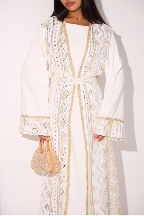 Ensemble blanc abaya  à manches longues  + kimono sans manches effet dorure et sequins à motifs géométriques