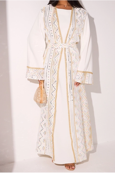 Ensemble blanc abaya  à manches longues  + kimono sans manches effet dorure et sequins à motifs géométriques