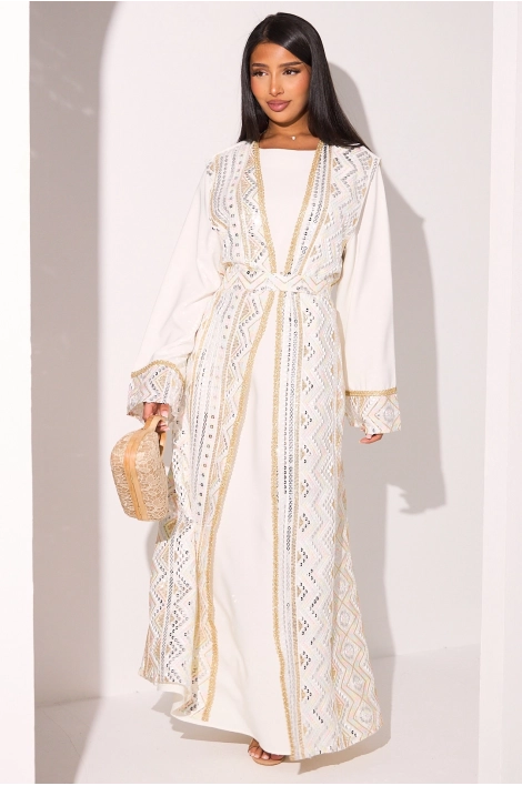 Ensemble blanc abaya  à manches longues  + kimono sans manches effet dorure et sequins à motifs géométriques
