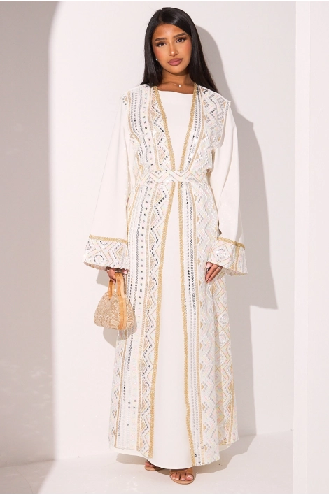 Ensemble blanc abaya  à manches longues  + kimono sans manches effet dorure et sequins à motifs géométriques