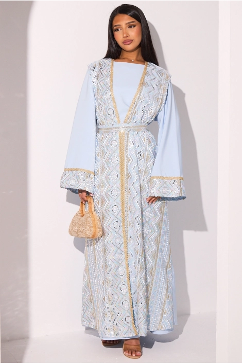 Ensemble abaya bleu clair à manches longues  + kimono sans manches effet dorure et sequins à motifs géométriques