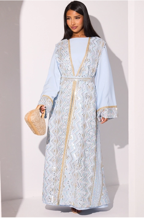 Ensemble abaya bleu clair à manches longues  + kimono sans manches effet dorure et sequins à motifs géométriques