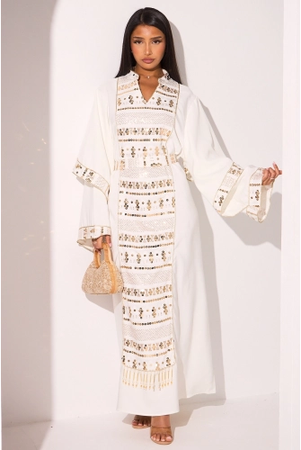Abaya blanche manches longues effet drapées et sequins dorés