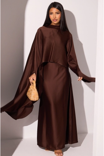 Robe effet satinée à empiècement asymétrique marron foncé