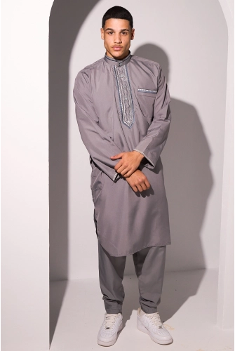 Qamis gris foncé à motif aztèque bleu foncé et gris