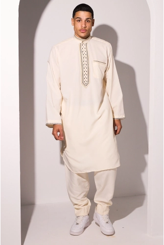 Qamis beige à motif aztèque marron et doré