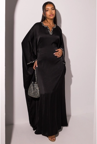 Abaya noire à col v perlé