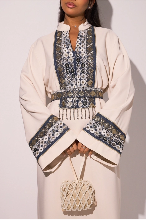 Abaya bicolore beige et effet Jean à strass et broderies