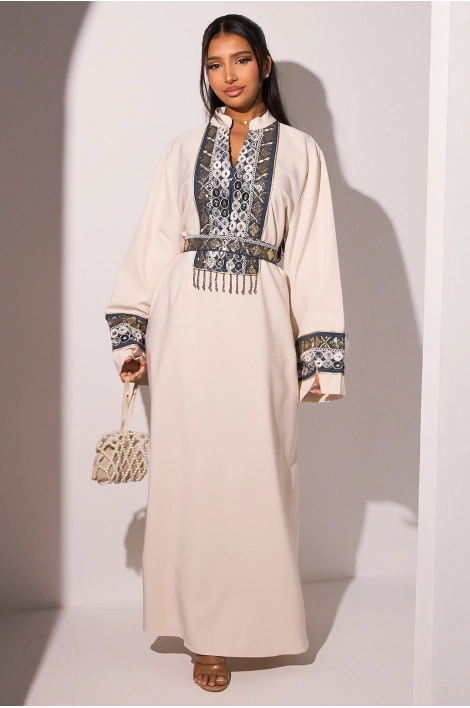 Abaya bicolore beige et effet Jean à strass et broderies