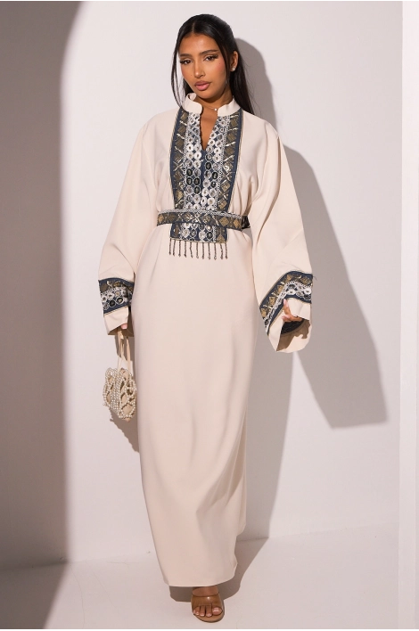 Abaya bicolore beige et effet Jean à strass et broderies