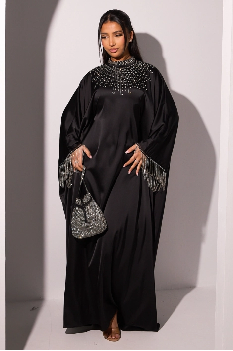Abaya noire à manches chauves-souris avec strass tombant