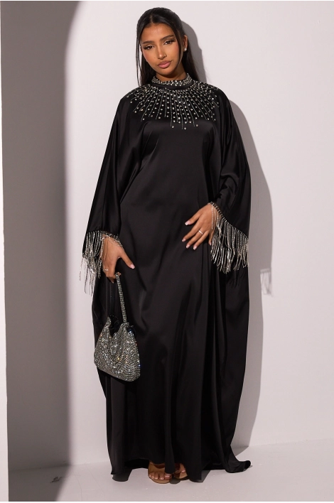 Abaya noire à manches chauves-souris avec strass tombant