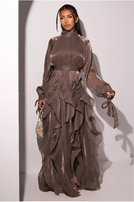 Robe longue à volants marron à manches longues