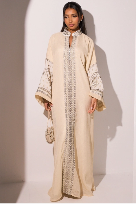 Abaya écrue à motifs floraux et aztèques
