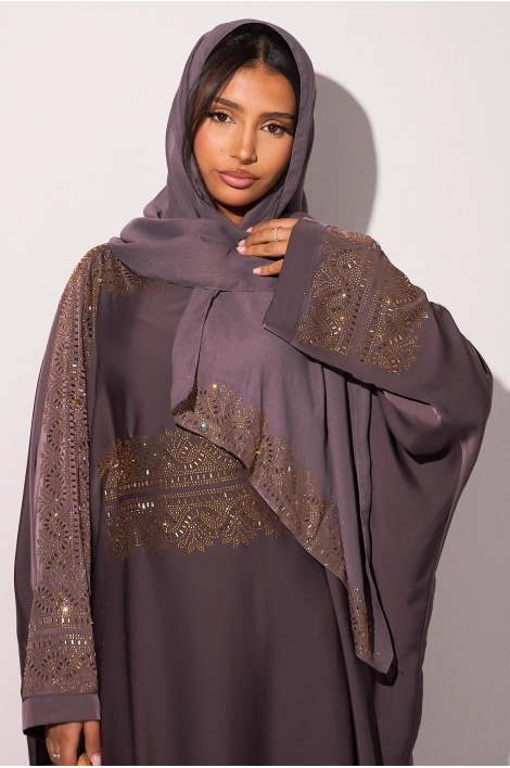 Abaya gris violet à empiècement doré + voile