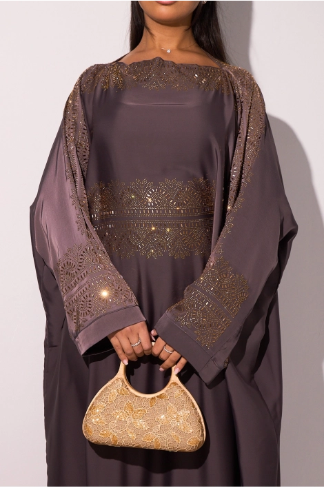 Abaya gris violet à empiècement doré + voile